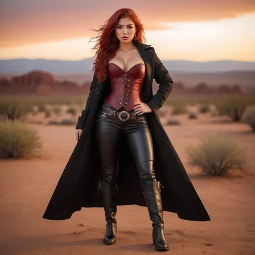 Prompt: (23-year-old red-haired Latina cowgirl), standing confidently in a dark red corset and elegant black longcoat, full body shot, vibrant desert background at sunset, warm golden and crimson tones illuminating the scene, dramatic shadows, ultra-detailed, capturing an adventurous and daring spirit, dynamic pose, rugged leather boots, striking facial features, showcasing both strength and beauty.