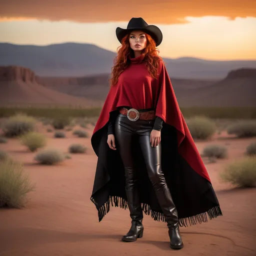 Prompt: mpt:
(23-year-old red-haired Latina cowgirl), standing confidently in long black and red poncho, black hat, gray pants, belt, full body shot, vibrant desert background at sunset, warm golden and crimson tones illuminating the scene, dramatic shadows, ultra-detailed, capturing an adventurous and daring spirit, dynamic pose, rugged leather boots, striking facial features, showcasing both strength and beauty.