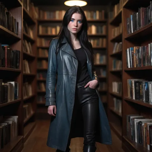 Prompt: 23 year old woman with slender face, pallid skin, long windblown black hair, icy blue eyes and freckles wearing black leather longcoat t-shirt and pants, tall black leather boots, library interior background fullbody head to toe.