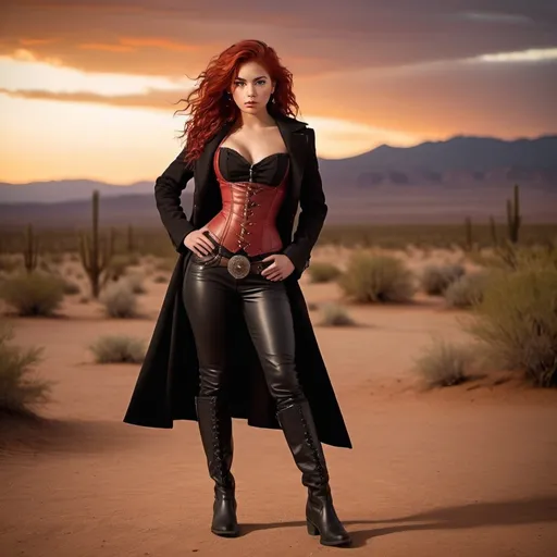 Prompt: (23-year-old red-haired Latina cowgirl), standing confidently in a dark red corset and elegant black pants and longcoat, full body shot, vibrant desert background at sunset, warm golden and crimson tones illuminating the scene, dramatic shadows, ultra-detailed, capturing an adventurous and daring spirit, dynamic pose, rugged leather boots, striking facial features, showcasing both strength and beauty.