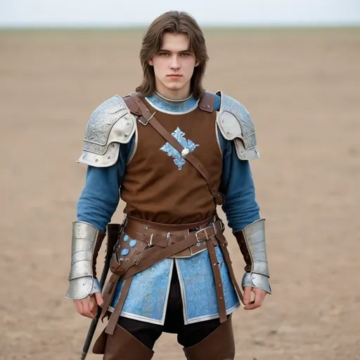 Prompt: Cute 23 year old man wearing brown light brown and light blue brigandine and boots, standing on empty battlefield, shoulder length hair, fullbody