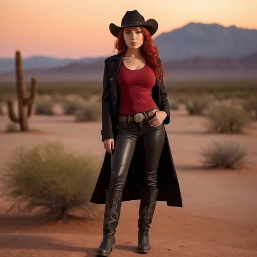 Prompt: (23-year-old red-haired Latina cowgirl), standing confidently in a dark red low cut  t shirt, black hat,  and elegant black longcoat, full body shot, vibrant desert background at sunset, warm golden and crimson tones illuminating the scene, dramatic shadows, ultra-detailed, capturing an adventurous and daring spirit, dynamic pose, rugged leather boots, striking facial features, showcasing both strength and beauty.