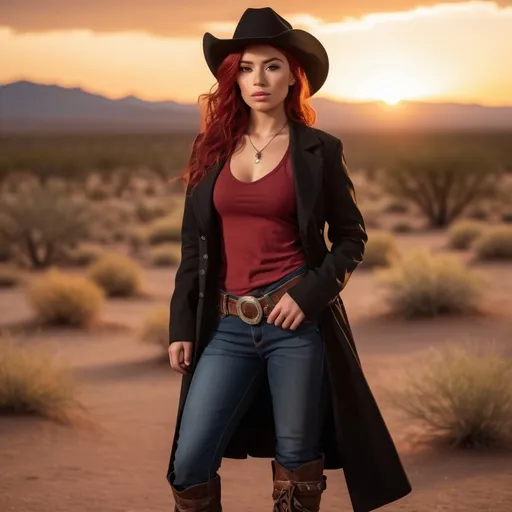 Prompt: (23-year-old red-haired Latina cowgirl), standing confidently in a dark red low cut  t shirt, black hat,  and elegant black longcoat, full body shot, vibrant desert background at sunset, warm golden and crimson tones illuminating the scene, dramatic shadows, ultra-detailed, capturing an adventurous and daring spirit, dynamic pose, rugged leather boots, striking facial features, showcasing both strength and beauty.