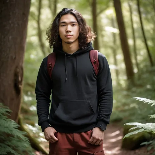 Prompt: (full body portrait of a man), (23-year-old mixed race Asian/White), wearing a black hoodie, brick red slacks, brown hiking boots, long wavy hair, standing confidently, surrounded by a lush green forest, dappled sunlight filtering through the leaves, warm earthy color tones, serene ambiance, adventure-ready pose, ultra-detailed, high-quality resolution.