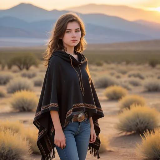 Prompt: Full body image of an 18 year old petite Wild West girl without hat, (soft features), (wispy shoulder-length brown hair), wearing a (black poncho) and (blue jeans), set against a sunset-drenched desert landscape with sagebrush and distant mountains, a warm golden hue in the sky, (dramatic silhouettes), (vibrant colors), (4K), capturing a serene yet adventurous spirit that embodies the essence of the Wild West.