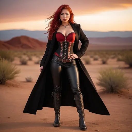 Prompt: (23-year-old red-haired Latina cowgirl), standing confidently in a dark red corset and elegant black longcoat, full body shot, vibrant desert background at sunset, warm golden and crimson tones illuminating the scene, dramatic shadows, ultra-detailed, capturing an adventurous and daring spirit, dynamic pose, rugged leather boots, striking facial features, showcasing both strength and beauty.