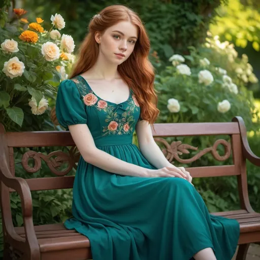 Prompt: Teal short sleeve ankle length regency Style dress on a (21-year-old woman), (pale skin), (long auburn hair), sitting gracefully on a bench, surrounded by a lush garden, detailed flowers and greenery, vibrant colors, warm sunlight filtering through leaves, serene atmosphere, full body view, ultra-detailed, naturally elegant pose, whimsical and enchanting setting.