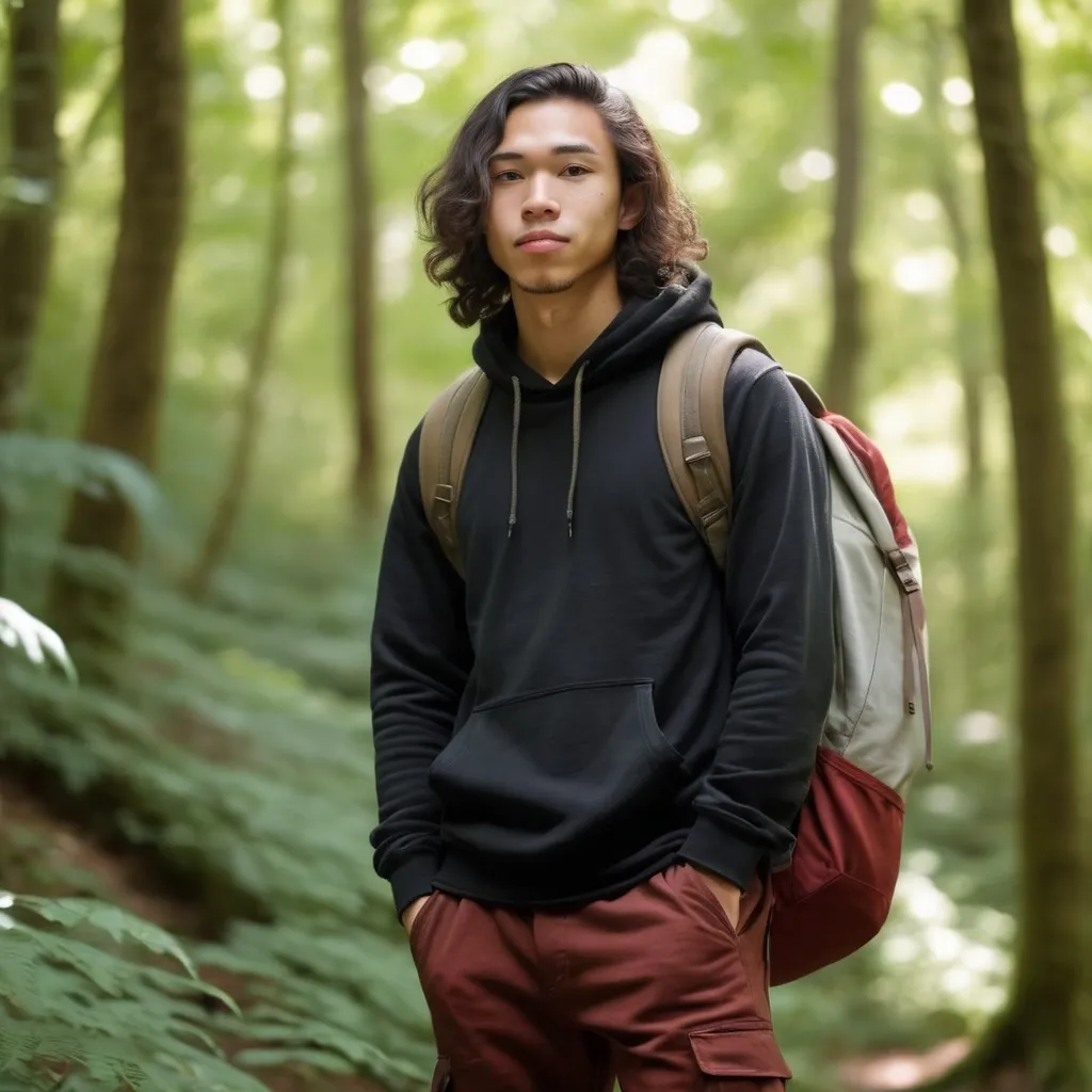 Prompt: (full body portrait of a man), (23-year-old mixed race Asian/White), wearing a black hoodie, brick red slacks, brown hiking boots, long wavy hair, wearing backpack, surrounded by a lush green forest, dappled sunlight filtering through the leaves, warm earthy color tones, serene ambiance, lost in thought, ultra-detailed, high-quality resolution.