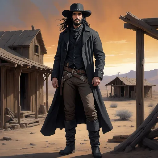 Prompt: 
25 year old warrior with long black hair in black longcoat and boots, pallid skin and stubbly beard (charismatic militia leader), standing confidently in a dusty western setting, rugged terrain with weathered wooden structures, dramatic sunset casting deep shadows, (mysterious atmosphere), western attire mixed with dark elements, (highly detailed), textured landscape accentuating loneliness, vibrant warm tones contrasting with shadows, (4K resolution), evoking intrigue and tension
