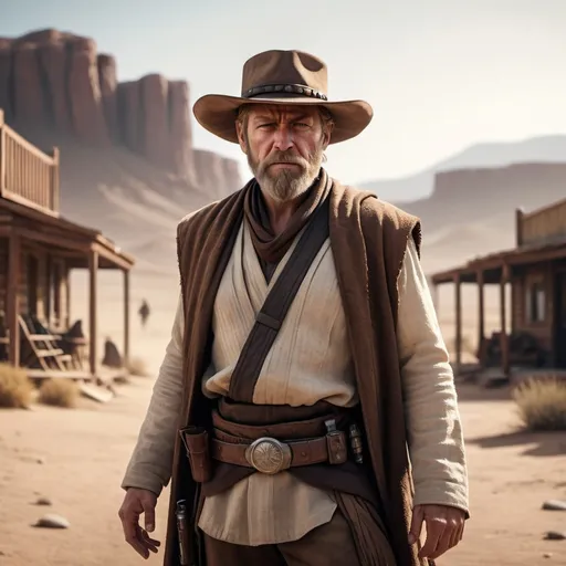 Prompt: (wild west old obi wan kenobi crossed with arthur morgan), (full body), rugged cowboy attire, detailed facial features, with a wise and fierce expression, contrasting light and shadow, dusty backdrop of a lonely desert town, vibrant warm tones, cinematic atmosphere, high-quality 4K, intricate details capturing both the nobility of a Jedi and the grit of an outlaw.