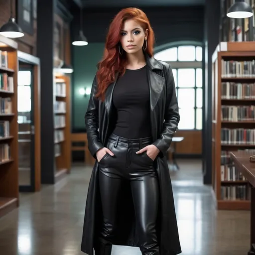 Prompt: 23 year old redhead latina with aqua eyes wearing silver hoop earrings, black leather longcoat, black pants, black scoop neck tee, and black leather boots, fullbody with dimly lit library interior background.