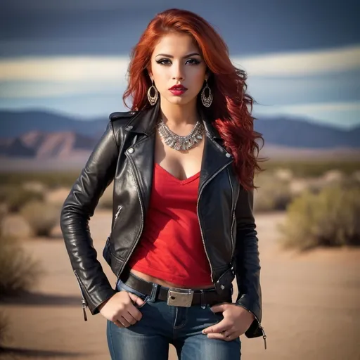 Prompt: Prompt: (glamorous young woman), 23 years old, (red-haired Latina), stylish black leather jacket, chic black boots, striking red low-cut shirt, fashionable long jeans, adorned with heavy jewelry, bold makeup look, confident pose, desert background, high-quality portrait, (dramatic lighting), captivating ambiance.