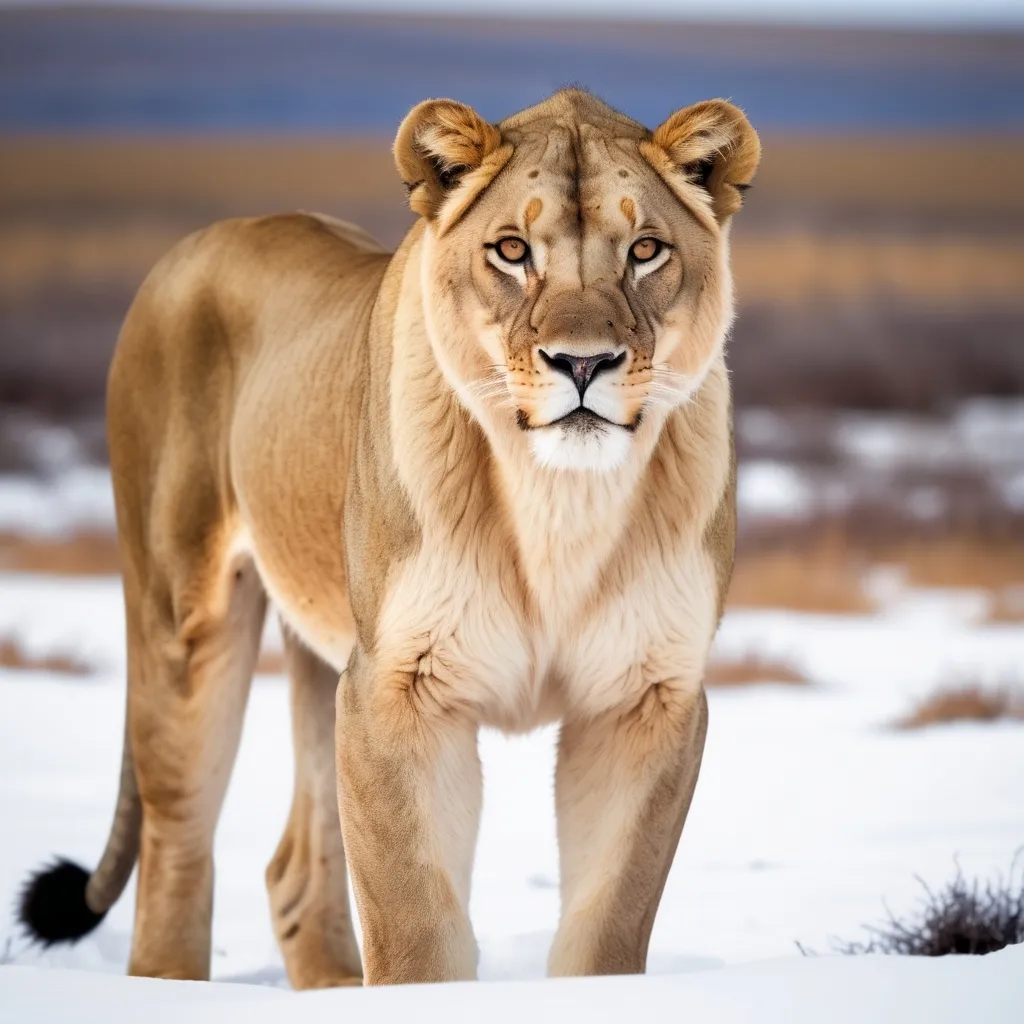 Prompt: Fluffy lioness with pale tan fur, white belly, dark markings underneath the eyes, snow covered tundra background, fullbody.