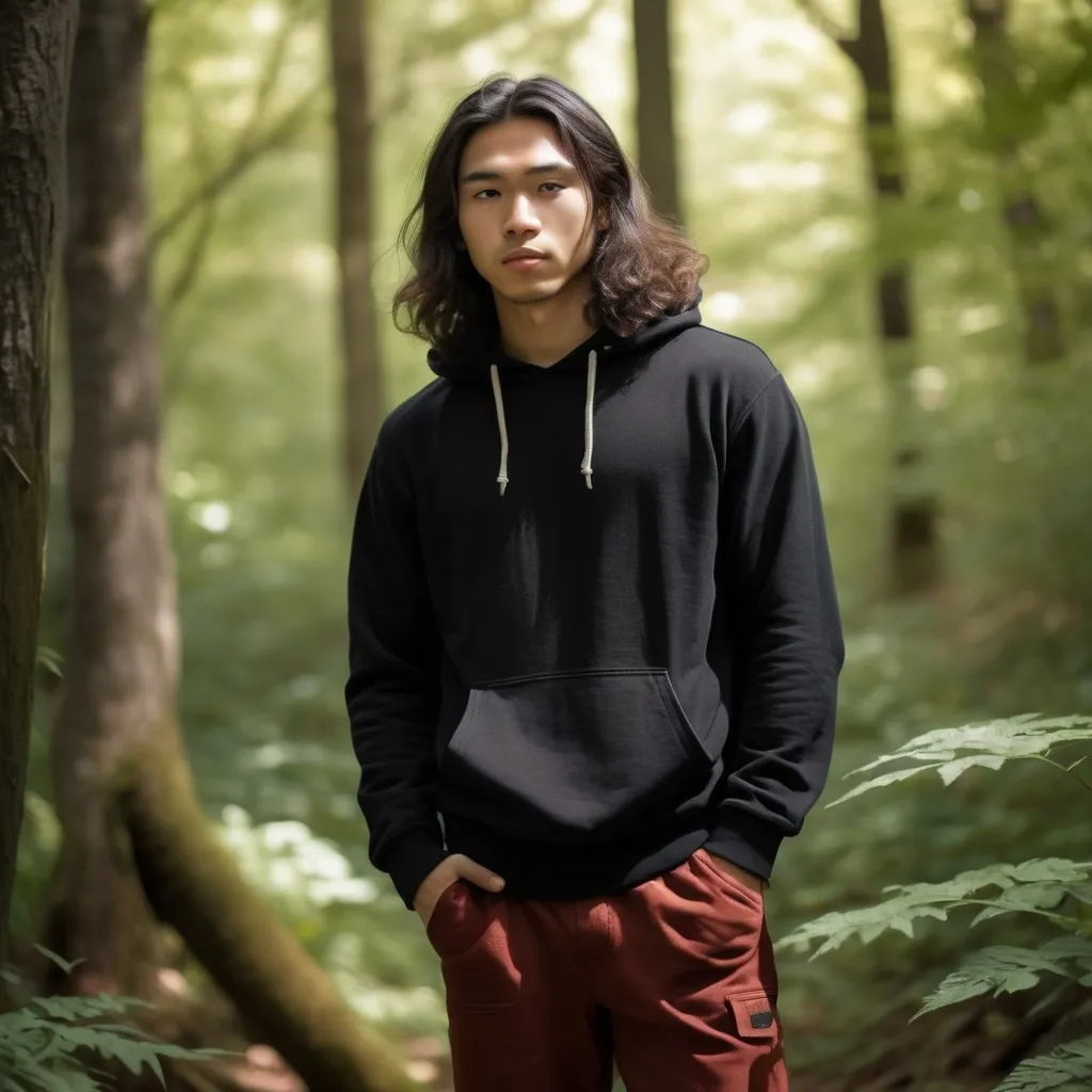 Prompt: (full body portrait of a man), (23-year-old mixed race Asian/White), wearing a black hoodie, brick red slacks, brown hiking boots, long wavy hair, standing confidently, surrounded by a lush green forest, dappled sunlight filtering through the leaves, warm earthy color tones, serene ambiance, lost in thought, ultra-detailed, high-quality resolution.