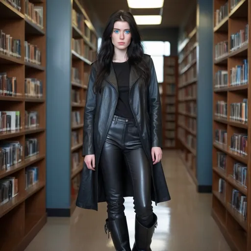 Prompt: 23 year old woman with slender face, pallid skin, long windblown black hair, icy blue eyes and freckles wearing black leather longcoat t-shirt and pants, tall black leather boots, library interior background fullbody head to toe.