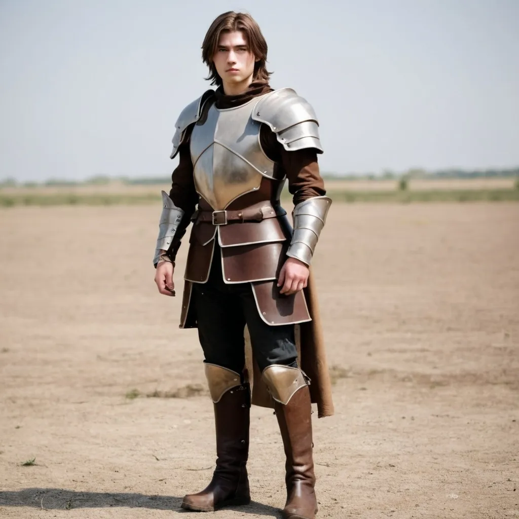 Prompt: Cute 23 year old man wearing brown light leather armor and boots, standing on empty battlefield, shoulder length hair, fullbody