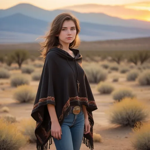 Prompt: Full body image of an 18 year old petite Wild West girl without hat, (soft features), (wispy shoulder-length brown hair), wearing a (black poncho) and (blue jeans), set against a sunset-drenched desert landscape with sagebrush and distant mountains, a warm golden hue in the sky, (dramatic silhouettes), (vibrant colors), (4K), capturing a serene yet adventurous spirit that embodies the essence of the Wild West.