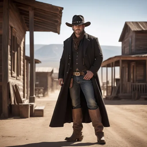 Prompt: Rugged wild west outlaw sheriff gunslinger, (black longcoat), (stylish boots), (wide-brimmed hat), intense expression, leaning against a wooden saloon, dusty streets, sharp contrasts, warm sunlight creating dramatic shadows, (cinematic details), vibrant earth tones, (ultra-detailed), capturing the essence of frontier justice, rugged individuality, evocative atmosphere of the lawless frontier.