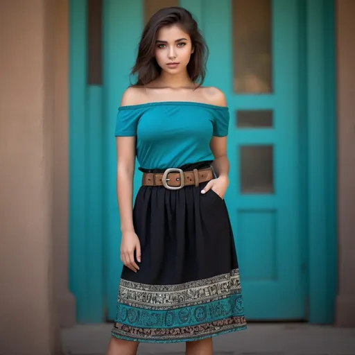 Prompt: (20-year-old girl), detailed facial features, olive skin, striking teal eyes, off shoulder short sleeve shirt, stylish turquoise belt, (ankle-length ornately patterned black skirt, black boots), (warm ambiance), adobe building background, soft natural lighting, earthy tones, (high-quality 4K), relaxed and confident pose, casual chic style, harmonious color palette, vibrant yet serene atmosphere.