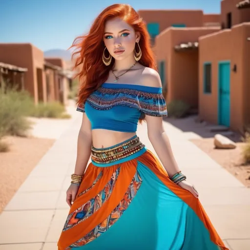 Prompt: (fullbody portrait), striking (19-year-old latina), vivid red hair, captivating blue eyes, bold heavy makeup, adorned with (glistening jewelry), stylish orange off-shoulder t-shirt, flowing long turquoise skirt with patterns, gold sandals vibrant and expressive colors, (dramatic lighting), cheerful ambiance, high-quality HD, ultra-detailed, adobe desert town setting, emphasizing youthful confidence.