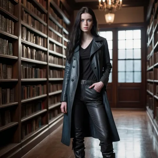 Prompt: 23 year old woman with slender face, pallid skin, long windblown black hair, icy blue eyes and freckles wearing black leather longcoat t-shirt and pants, tall black leather boots, library interior background fullbody head to toe.