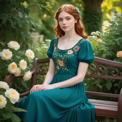 Prompt: Teal short sleeve ankle length regency Style dress on a (21-year-old woman), (pale skin), (auburn hair), sitting gracefully on a bench, surrounded by a lush garden, detailed flowers and greenery, vibrant colors, warm sunlight filtering through leaves, serene atmosphere, full body view, ultra-detailed, naturally elegant pose, whimsical and enchanting setting.