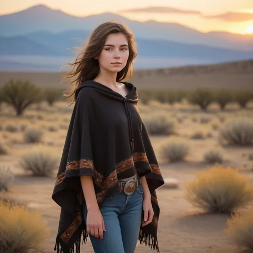 Prompt: Full body image of an 18 year old petite Wild West girl without hat, (soft features), (wispy shoulder-length brown hair), wearing a (black poncho) and (blue jeans), set against a sunset-drenched desert landscape with sagebrush and distant mountains, a warm golden hue in the sky, (dramatic silhouettes), (vibrant colors), (4K), capturing a serene yet adventurous spirit that embodies the essence of the Wild West.