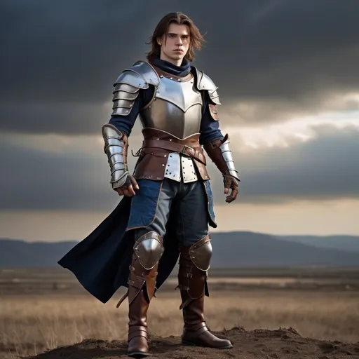 Prompt: (Cute 23 year old man), wearing (brown and blue leather armor), tall leather boots, shoulder-length brown hair, standing confidently on an (empty battlefield), detailed textures in armor, dramatic scenery with a gloomy sky background, casting shadows, (epic atmosphere), dynamic pose, (high-quality, ultra-detailed image).