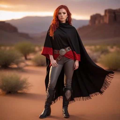 Prompt: (23-year-old red-haired Latina cowgirl), standing confidently in black and red poncho, gray pants, and jedi robes, full body shot, vibrant desert background at sunset, warm golden and crimson tones illuminating the scene, dramatic shadows, ultra-detailed, capturing an adventurous and daring spirit, dynamic pose, rugged leather boots, striking facial features, showcasing both strength and beauty.