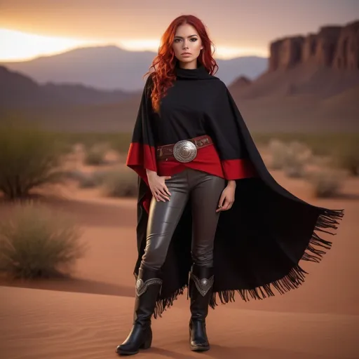 Prompt: (23-year-old red-haired Latina cowgirl), standing confidently in black and red poncho, gray pants, and jedi robes, full body shot, vibrant desert background at sunset, warm golden and crimson tones illuminating the scene, dramatic shadows, ultra-detailed, capturing an adventurous and daring spirit, dynamic pose, rugged leather boots, striking facial features, showcasing both strength and beauty.