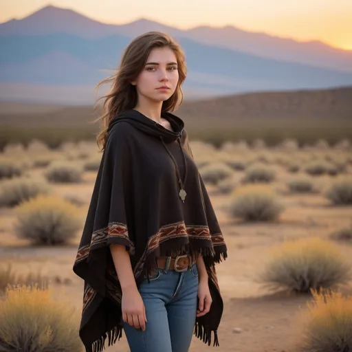 Prompt: Full body image of an 18 year old petite Wild West girl without hat, (soft features), (wispy shoulder-length brown hair), wearing a (black poncho) and (blue jeans), set against a sunset-drenched desert landscape with sagebrush and distant mountains, a warm golden hue in the sky, (dramatic silhouettes), (vibrant colors), (4K), capturing a serene yet adventurous spirit that embodies the essence of the Wild West.