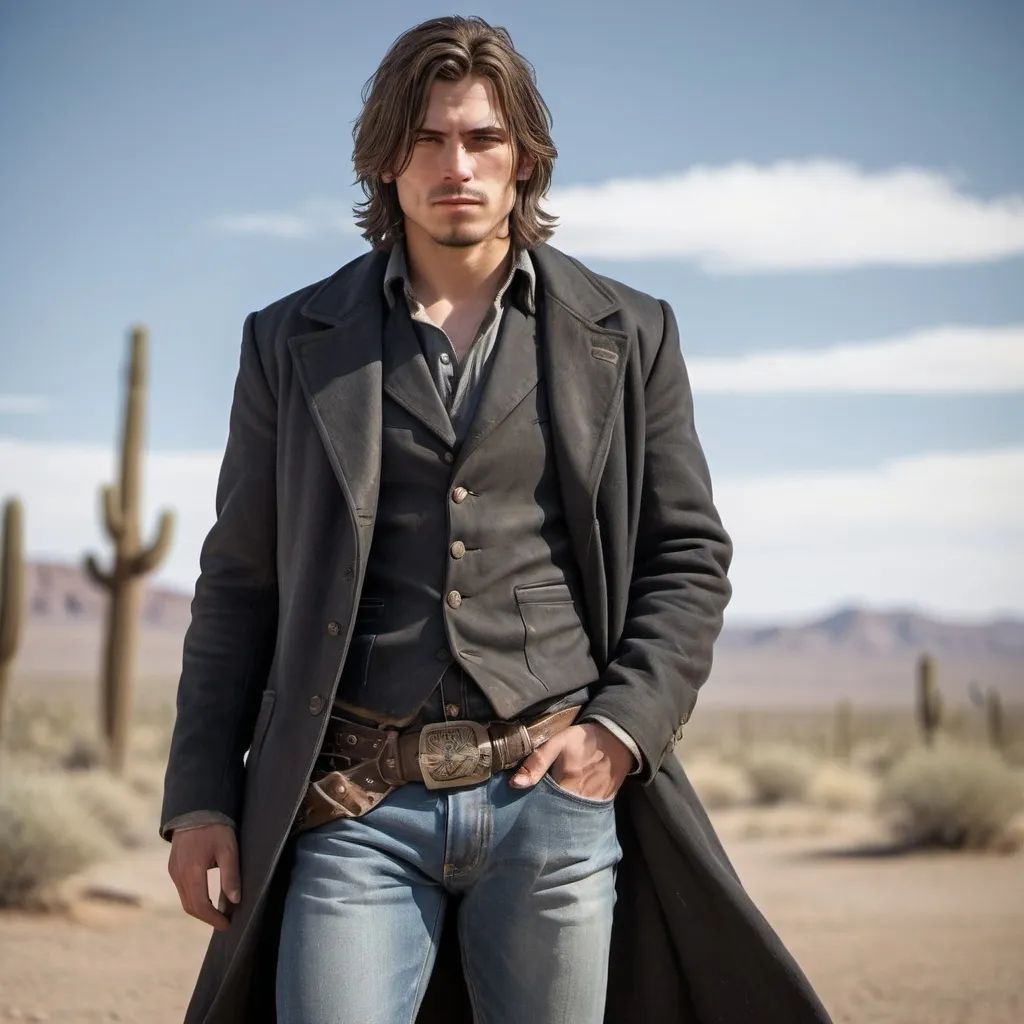 Prompt: fullbody (23-year-old Wild West outlaw) with shoulder-length hair, (dark gray longcoat), (light blue jeans), gritty atmosphere, rugged charm, slight smile, (dramatic lighting), detailed facial features reflecting rebellion, dusty desert background , ultra-detailed, high quality.