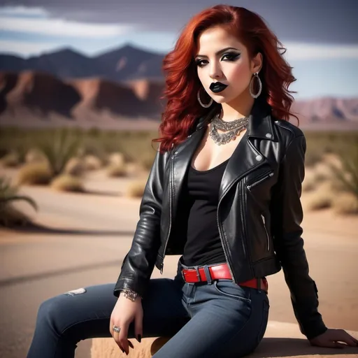 Prompt: Prompt:
(glamorous young woman), 23 years old, (red-haired Latina), stylish black leather jacket, chic black boots, striking red low-cut shirt, fashionable long jeans, adorned with heavy jewelry, bold black lipstick makeup look, confident pose, desert background, high-quality portrait, (dramatic lighting), captivating ambiance.