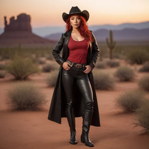 Prompt: (23-year-old red-haired Latina cowgirl), standing confidently in a dark red low cut  t shirt, black hat,  and elegant black leather longcoat, full body shot, vibrant desert background at sunset, warm golden and crimson tones illuminating the scene, dramatic shadows, ultra-detailed, capturing an adventurous and daring spirit, dynamic pose, rugged leather boots, striking facial features, showcasing both strength and beauty.