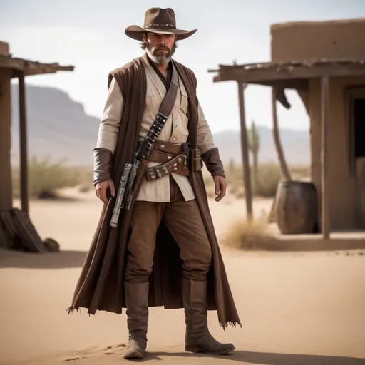 Prompt: (wild west bearded arthur morgan in jedi robes, (far full body view), rugged cowboy attire, hat, pants, boots, gun in hand, detailed facial features, with a wise and fierce expression, contrasting light and shadow, dusty backdrop of a lonely desert town, vibrant warm tones, cinematic atmosphere, high-quality 4K, intricate details capturing both the nobility of a Jedi and the grit of an outlaw.