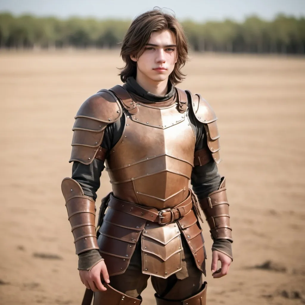 Prompt: Cute 21 year old man wearing brown light leather armor, standing on empty battlefield, shoulder length hair, fullbody head to toe