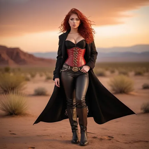 Prompt: (23-year-old red-haired Latina cowgirl), standing confidently in a dark red corset and elegant black pants and longcoat, full body shot, vibrant desert background at sunset, warm golden and crimson tones illuminating the scene, dramatic shadows, ultra-detailed, capturing an adventurous and daring spirit, dynamic pose, rugged leather boots, striking facial features, showcasing both strength and beauty.