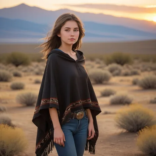 Prompt: Full body image of an 18 year old petite Wild West girl without hat, (soft features), (wispy shoulder-length brown hair), wearing a (black poncho) and (blue jeans), set against a sunset-drenched desert landscape with sagebrush and distant mountains, a warm golden hue in the sky, (dramatic silhouettes), (vibrant colors), (4K), capturing a serene yet adventurous spirit that embodies the essence of the Wild West.