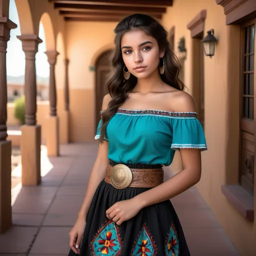 Prompt: (20-year-old girl), detailed facial features, olive skin, striking teal eyes, wearing an (off-shoulder turquoise top) in Mexican Spanish colonial outfit, stylish belt, (ankle-length black skirt, black boots), (warm ambiance), adobe building background, soft natural lighting, earthy tones, (high-quality 4K), relaxed and confident pose, casual chic style, harmonious color palette, vibrant yet serene atmosphere.