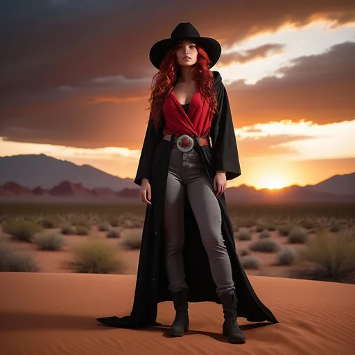 Prompt: pt:
Prompt: mpt: (23-year-old red-haired Latina cowgirl), standing confidently in long black and red hooded robe, black wide brimmed hat, gray pants, belt, full body shot, vibrant desert background at sunset, warm golden and crimson tones illuminating the scene, dramatic shadows, ultra-detailed, capturing an adventurous and daring spirit, dynamic pose, rugged leather boots, striking facial features, showcasing both strength and beauty