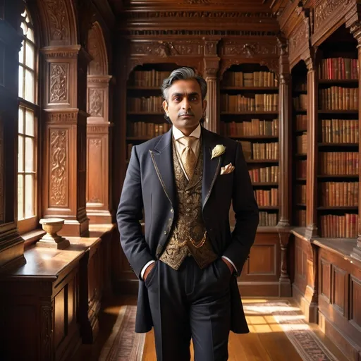 Prompt: (Full body portrayal of a wealthy British Indian man), standing confidently in an (ornate old wooden library), rich dark wooden bookshelves lined with ancient tomes, (early 19th century attire), a finely tailored suit with intricate details, golden accents, lenses of sophistication, (warm, inviting interiors) with soft, dappled light filtering through grand windows, (highly detailed, ultra-realistic).