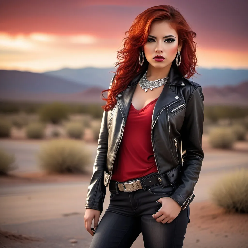 Prompt: Prompt: (glamorous young woman), 23 years old, (red-haired Latina), stylish black leather jacket, chic black boots, striking red low-cut shirt, fashionable long jeans, adorned with heavy jewelry, bold makeup look, confident pose, desert background, high-quality portrait, (dramatic lighting), captivating ambiance.