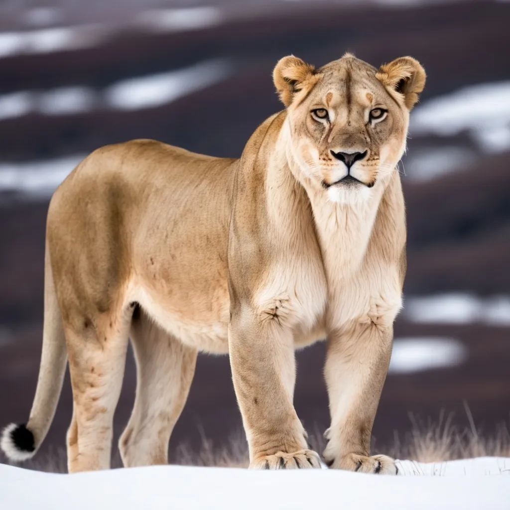 Prompt: Fluffy lioness with pale tan fur, white belly, dark markings underneath the eyes, snow covered tundra background, fullbody.