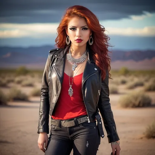 Prompt: Prompt: (glamorous young woman), 23 years old, (red-haired Latina), stylish black leather jacket, chic black boots, striking red low-cut shirt, fashionable long jeans, adorned with heavy jewelry, bold makeup look, confident pose, desert background, high-quality portrait, (dramatic lighting), captivating ambiance.