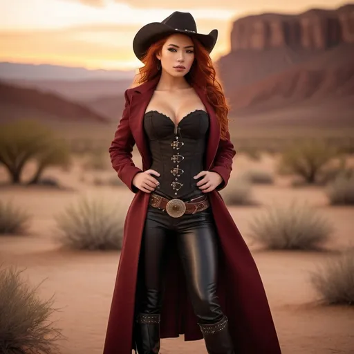 Prompt: (23-year-old red-haired Latina cowgirl), standing confidently in a dark red corset and elegant black longcoat, full body shot, vibrant desert background at sunset, warm golden and crimson tones illuminating the scene, dramatic shadows, ultra-detailed, capturing an adventurous and daring spirit, dynamic pose, rugged leather boots, striking facial features, showcasing both strength and beauty.