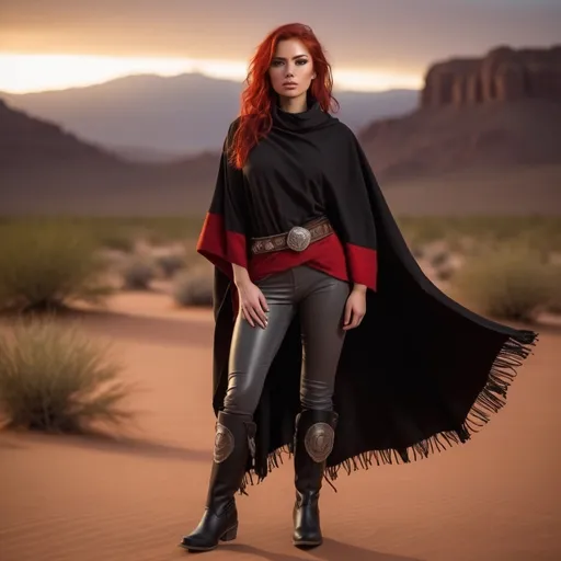 Prompt: (23-year-old red-haired Latina cowgirl), standing confidently in black and red poncho, gray pants, and jedi robes, full body shot, vibrant desert background at sunset, warm golden and crimson tones illuminating the scene, dramatic shadows, ultra-detailed, capturing an adventurous and daring spirit, dynamic pose, rugged leather boots, striking facial features, showcasing both strength and beauty.