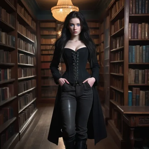 Prompt: 23 year old woman with slender face, pallid skin, long windblown black hair, icy blue eyes and freckles wearing black longcoat over corset and pants, tall black leather boots, library interior background fullbody head to toe.