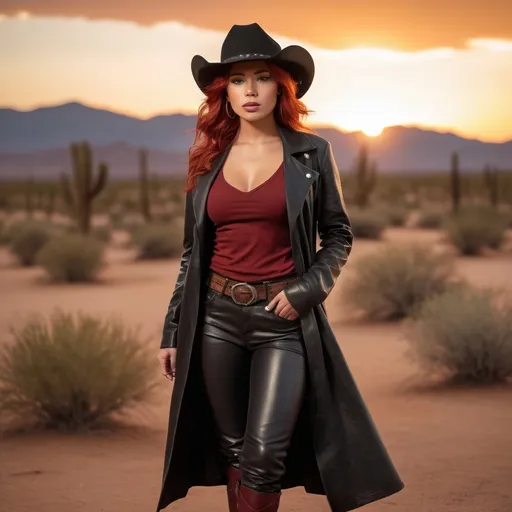 Prompt: (23-year-old red-haired Latina cowgirl), standing confidently in a dark red low cut  t shirt, black hat,  and elegant black leather longcoat, full body shot, vibrant desert background at sunset, warm golden and crimson tones illuminating the scene, dramatic shadows, ultra-detailed, capturing an adventurous and daring spirit, dynamic pose, rugged leather boots, striking facial features, showcasing both strength and beauty.