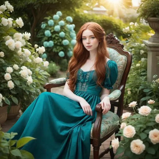 Prompt: (cute woman), (21 years old), long (auburn hair), (pale skin), wearing a (teal regency dress), elegantly sitting on a chair, surrounded by a lush vibrant garden, blooming flowers, soft sunlight filtering through leaves, serene ambiance, delicate details, ultra-detailed, high-quality, (full body view).