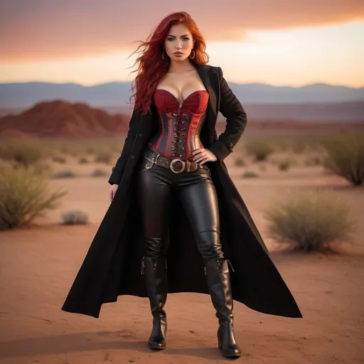 Prompt: (23-year-old red-haired Latina cowgirl), standing confidently in a dark red corset and elegant black longcoat, full body shot, vibrant desert background at sunset, warm golden and crimson tones illuminating the scene, dramatic shadows, ultra-detailed, capturing an adventurous and daring spirit, dynamic pose, rugged leather boots, striking facial features, showcasing both strength and beauty.